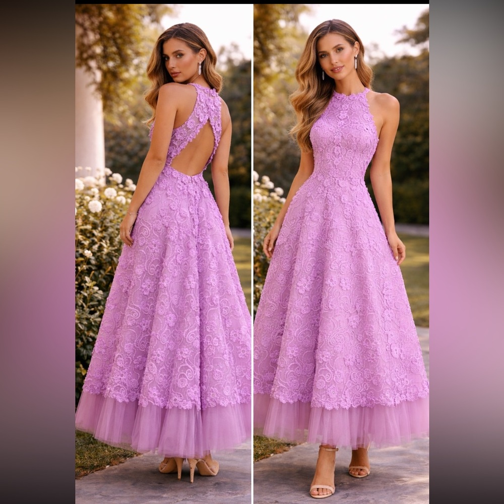 Blush prom halter, sleeveless Lilac Lace
3-D floral for prom or special occasion